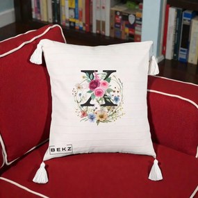 Cadou Personalizat - Perna Personalizata Monograma Florala Litera X cu Coroana, 40x40 cm, Bej cu Franjuri, Husa Detasabila, Perna Inclusa, BEKZ®