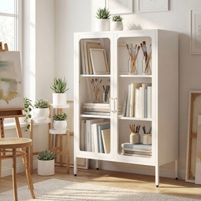 HOMCOM Dulap pentru Documente din Oțel cu 2 Uși din Sticlă Securizată, Dulap de Birou cu Rafturi Reglabile, Dulap Multifuncțional pentru Depozitare, Birou, Cameră de Studii, Casă, 80x40x110 cm, Alb | Aosom Romania