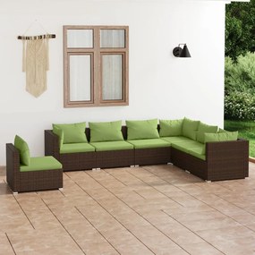 Set mobilier de gradina cu perne, 7 piese, maro, poliratan maro si verde, 4x mijloc + 3x colt, 1