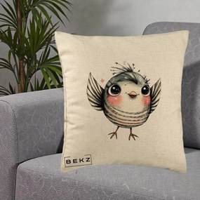 Perna Decorativa Pasare Gri cu Aripi si Inimioare, 40x40 cm, Bej, Husa Detasabila, Perna Inclusa, BEKZ®