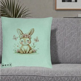 Perna Decorativa Iepuras cu Coronita Florala Roz, 40x40 cm, Verde Menta, Husa Detasabila, Perna Inclusa, BEKZ®