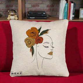 Perna Decorativa Portret Feminin Trandafiri Ruginii, 40x40 cm, Bej Canapea, Husa Detasabila, Perna Inclusa, BEKZ®