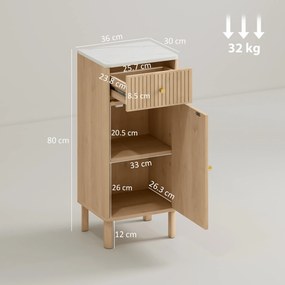 HOMCOM Mobilier de baie, corp de depozitare cu blat cu efect marmură și ușă canelată, sertar 36 x 30 x 80 cm, stejar | Aosom Romania