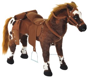 HOMCOM Cal de Pluș în Picior Efecte Sonore Nechezat și Galop Șa calapod frâu 85L x 28l x 60H Maro Alb | Aosom Romania
