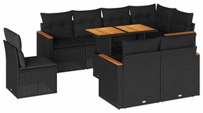 3327499 vidaXL Set mobilier grădină perne 9 piese negru poliratan/lemn acacia