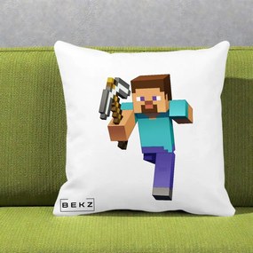 Perna Personalizata Minecraft Steve, 40x40 cm, Alba Mata, Husa Detasabila, Perna Inclusa, BEKZ®