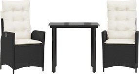 vidaXL Set mobilier de grădină cu perne, 3 piese, negru, poliratan
