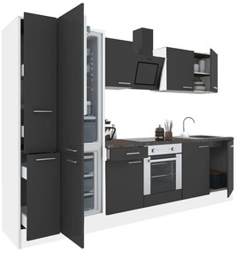 Mobilă de bucătărie Yorki 300, corp alb, față antracit satinat, element cuptor inferior, frigider congelator inferior