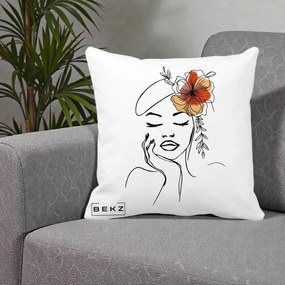 Perna Decorativa Portret Feminin Flori Palarie, 40x40 cm, Alba Mata, Husa Detasabila, Perna Inclusa, BEKZ®