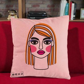 Perna Decorativa Portret Pop Art Fata, 40x40 cm, Roz, Husa Detasabila, Perna Inclusa, BEKZ®