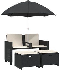 vidaXL Canapea de grădină cu 2 locuri/umbrelă/taburete negru poliratan