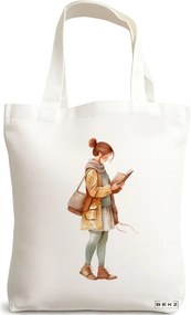 Sacosa de Panza pentru Cumparaturi, Geanta Tote, model The bookie girl 31 38 x 34.5 cm, Alba, BEKZ®