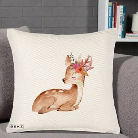Perna Decorativa Caprioara cu Flori in Coama, 40x40 cm, Crem Reliefat, Husa Detasabila, Perna Inclusa, BEKZ®