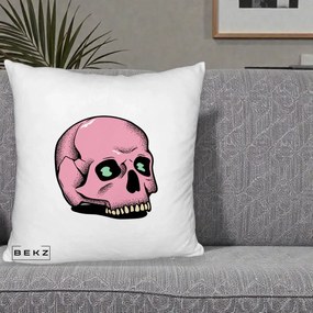 Perna Decorativa Craniu Roz Tatoo Art Halloween, 40x40 cm, Alb Pufos, Husa Detasabila, Perna Inclusa, BEKZ®