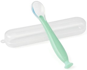 Lingurita bebe din silicon moale, cu ventuza la baza si cutie pentru depozitare Kidizi mint, 6 luni+, ideal inceput diversificare, fara BPA