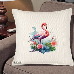 Perna Decorativa Flamingo cu Flori Tropicale Acuarela, 40x40 cm, Crem Reliefat, Husa Detasabila, Perna Inclusa, BEKZ®
