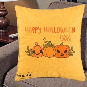 Perna Decorativa Happy Halloween Boo Trei Dovlecei Kawaii, 40x40 cm, Galben, Husa Detasabila, Perna Inclusa, BEKZ®