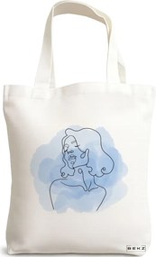 Sacosa de Panza pentru Cumparaturi, Geanta Tote, model Portret Feminin Minimalist, 38x34.5 cm, Alba, BEKZ®