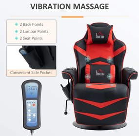 HOMCOM Scaun de Gaming cu Masaj, Suport pentru Picioare și Pernă, din Piele Sintetică, 79,5x82,5x111,5 cm, Negru și Roșu | Aosom Romania