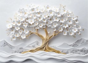 Tablou pe sticlă – Arborele vieții 3D plin de flori (70x50 cm)