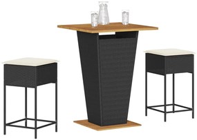 vidaXL Set mobilier bar de grădină cu perne, 3 piese, negru, poliratan