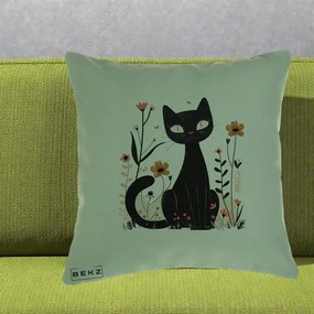 Perna Decorativa Pisica Neagra Flori Pastel Folk, 40x40 cm, Verde, Husa Detasabila, Perna Inclusa, BEKZ®