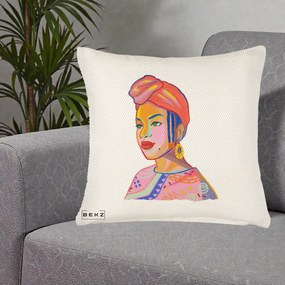 Perna Decorativa Portret Femeie Africana, 40x40 cm, Crem Reliefat, Husa Detasabila, Perna Inclusa, BEKZ®