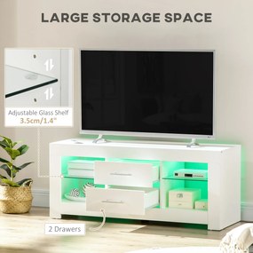 Comoda TV de 55" cu lumini LED in 12 culori si telecomanda, mobilier pentru camera de zi din lemn cu etajere din sticla 120x40x50cm, alb | AOSOM RO