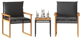 vidaXL Set bistro cu perne, 3 piese, negru, poliratan și lemn acacia