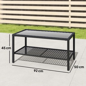 Outsunny Măsuță de Cafea din Ratan pe 2 Niveluri cu Raft, Blat din Sticlă Securizată, Măsuță de Exterior cu Cadru din Oțel, 92x50x45 cm, Negru | Aosom Romania
