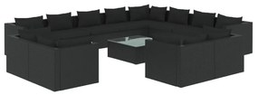 Set mobilier de gradina cu perne, 13 piese, negru, poliratan Negru, 7x colt + 5x mijloc + masa, 1