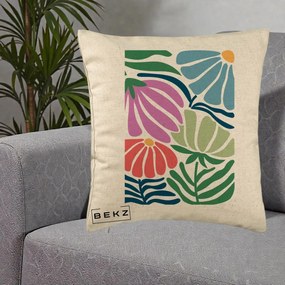 Perna Decorativa Flori Grafice Multicolore Modern, 40x40 cm, Bej, Husa Detasabila, Perna Inclusa, BEKZ®