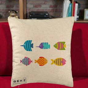 Perna Decorativa Pesti Colorati Cartoon, 40x40 cm, Bej, Husa Detasabila, Perna Inclusa, BEKZ®
