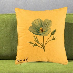 Perna Decorativa Mac Albastru Acuarela, 40x40 cm, Galben, Husa Detasabila, Perna Inclusa, BEKZ®