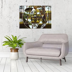 Tablou pe sticlă - Colaj geometric pe fundalul pădurilor nordice (70x50 cm)