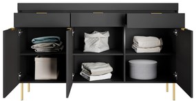 Comodă Sentia 157 cm cu trei uși și trei sertare - negru / auriu