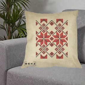 Perna Personalizata Motiv Traditional Cusatura Rosu-Negru, 40x40 cm, Crem, Husa Detasabila, Perna Inclusa, BEKZ®