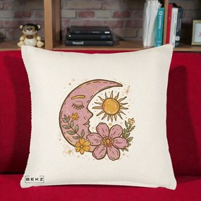 Perna Personalizata Luna si Soare Floral Boho, 40x40 cm, Crem Reliefat, Husa Detasabila, Perna Inclusa, BEKZ®
