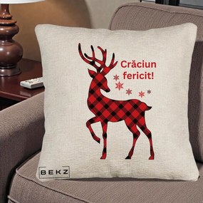 Perna Decorativa Ren Tartan Craciun Fericit, 40x40 cm, Bej Canapea, Husa Detasabila, Perna Inclusa, BEKZ®