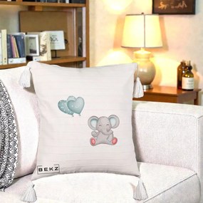 Perna Decorativa cu Franjuri, Model Elefant si baloane in forma de inimioare, 40x40 cm, Bej cu Franjuri, Husa Detasabila, Perna Inclusa, BEKZ®