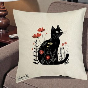 Perna Decorativa Pisica Neagra Flori Rosii Folk, 40x40 cm, Ecru, Husa Detasabila, Perna Inclusa, BEKZ®