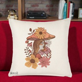 Perna Decorativa Fata Ciuperca Florala Boho, 40x40 cm, Crem Reliefat, Husa Detasabila, Perna Inclusa, BEKZ®