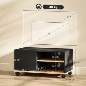 HOMCOM Stand TV pe Roți cu 2 Frâne - 2 nișe + Dulap cu Ușă 2 Treceri pentru Cablu - din Lemn Negru și Stejar Deschis | Aosom Romania
