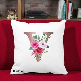 Cadou Personalizat - Perna Personalizata Monograma Rose Gold Litera V, 40x40 cm, Alba Mata, Husa Detasabila, Perna Inclusa, BEKZ®