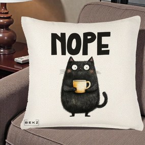 Perna Decorativa NOPE Pisica Neagra Cafea, 40x40 cm, Crem Reliefat, Husa Detasabila, Perna Inclusa, BEKZ®