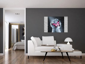 Tablou - Fluture roz în perete (90x60 cm)