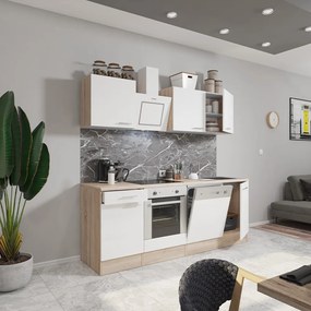 Mobilă de bucătărie Yorki 220, corp din stejar sonoma, față alb satinat cu element inferior al cuptorului