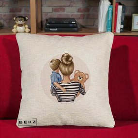Cadou pentru Mama - Perna Personalizata Mama si Baietelul cu Ursulet, 40x40 cm, Bej Canapea, Husa Detasabila, Perna Inclusa, BEKZ®