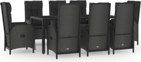 vidaXL Set mobilier de grădină cu perne, 9 piese, negru/gri, poliratan