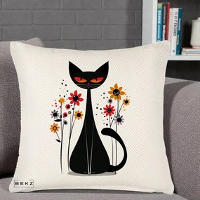 Perna Decorativa Pisica Neagra Ochi Rosii Flori, 40x40 cm, Crem Reliefat, Husa Detasabila, Perna Inclusa, BEKZ®